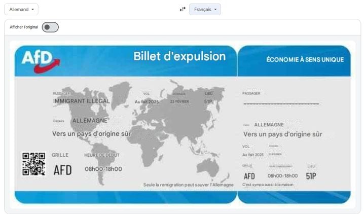 Traduction du "billet d'expulsion" distribué par l'AfD, traduit automatiquement.