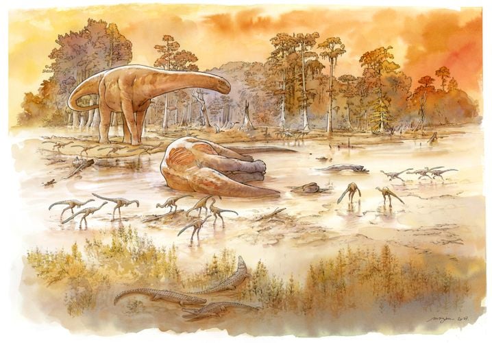 Reconstitution du site d'Angeac tel qu'il devait être à l'ère du crétacé, avec un dinosaure turiasaure et des ornithomimosaures représentés.