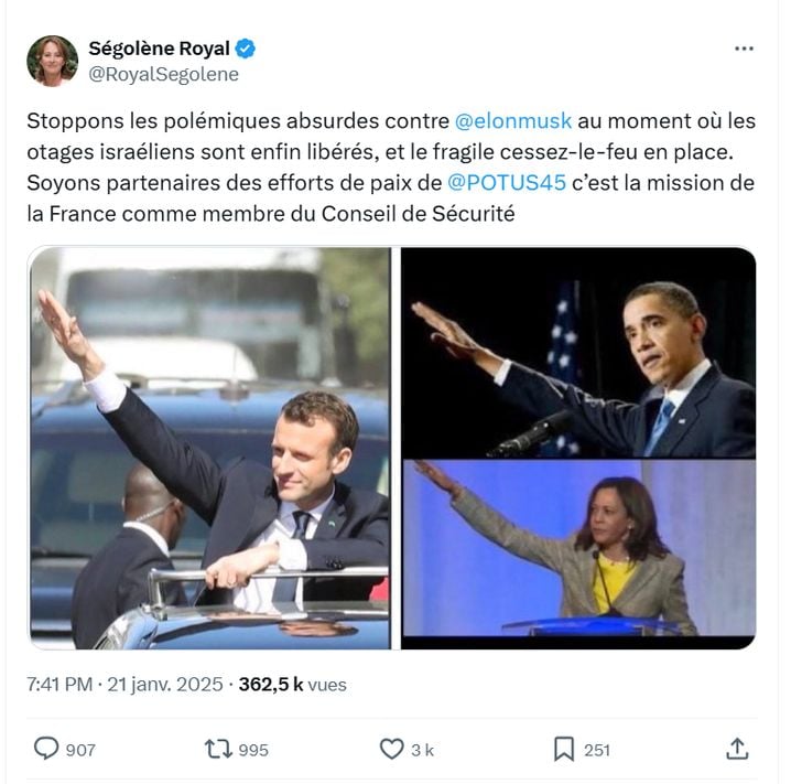 Ségolène Royal a appelé à " cesser les polémiques absurdes " contre Elon Musk. Celui-ci a effectué à deux reprises sur scène, lundi devant des partisans de Donald Trump, un geste que plusieurs historiens ont qualifié de " salut nazi ", ce qu'a nié Elon Musk.