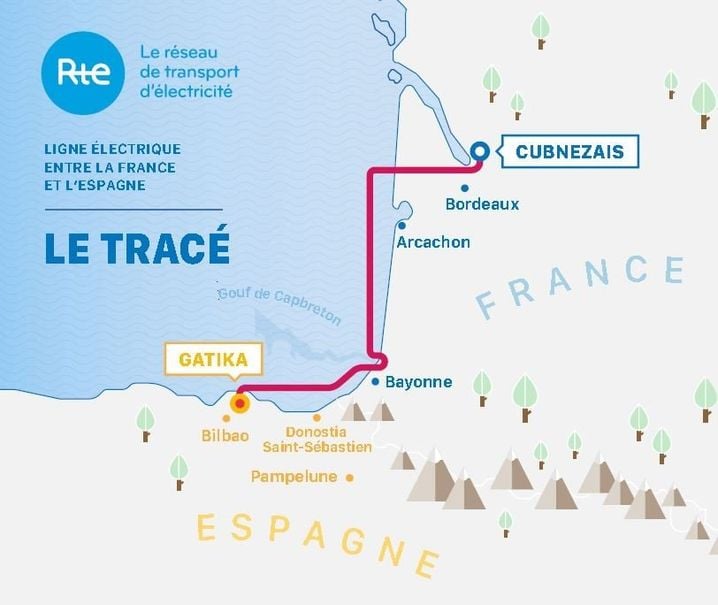 La carte du projet d'interconnexion électrique entre la France et l'Espagne.