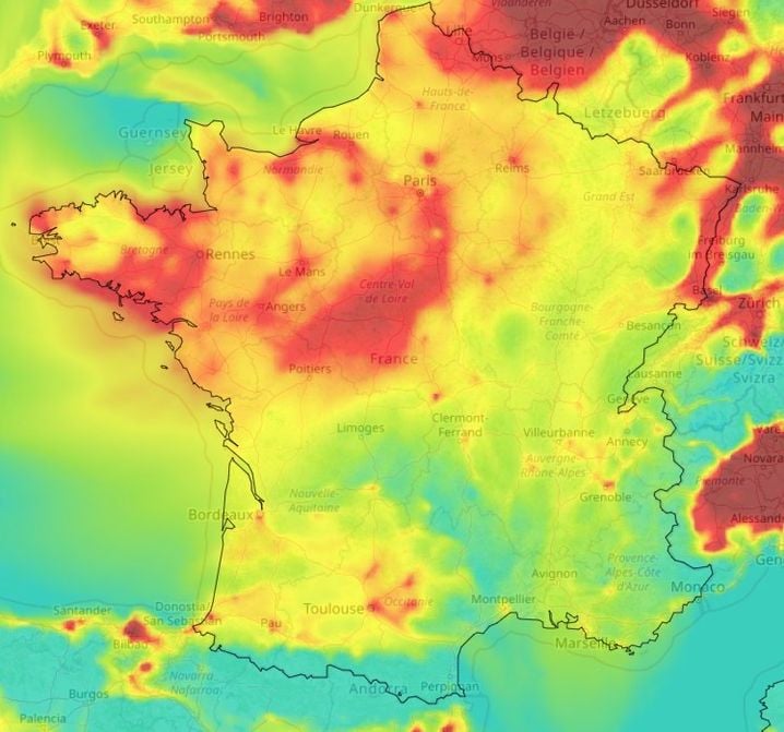 La carte de pollution aux particules fines PM 2.5 pour la journée du mercredi 15 janvier 2025 montre qu'une moitié nord sera dans le rouge.