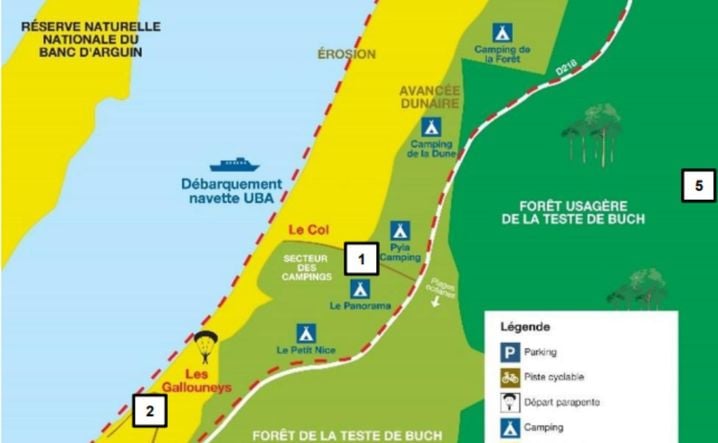 Infographie montrant la situation des campings, coincés entre la Dune du Pilat d'un côté, et de l'autre la forêt de La Teste, le long de la route de Biscarosse.