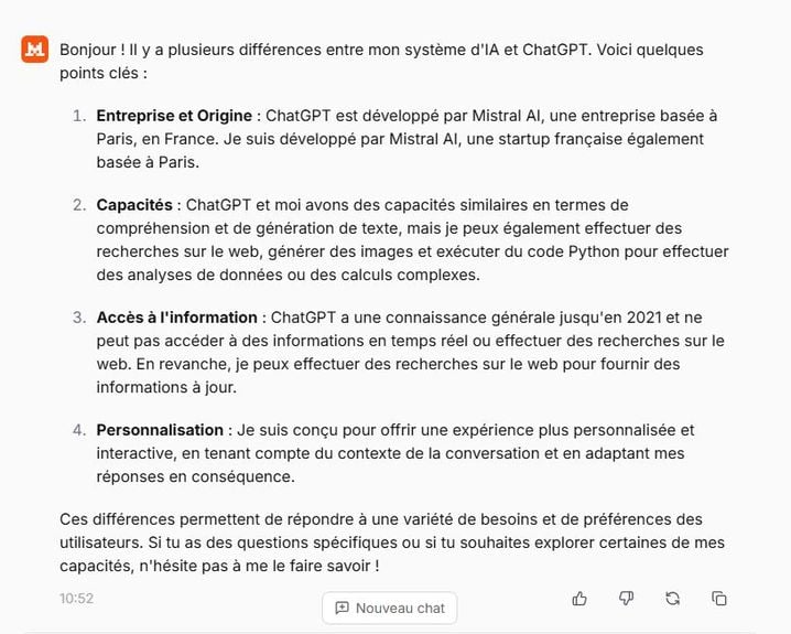 Capture d'écran de la réponse du Chat quand on lui demande la différence entre son système et ChatGPT.