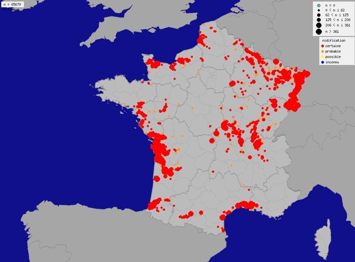 La carte des sites de reproduction de la cigogne blanche en France.