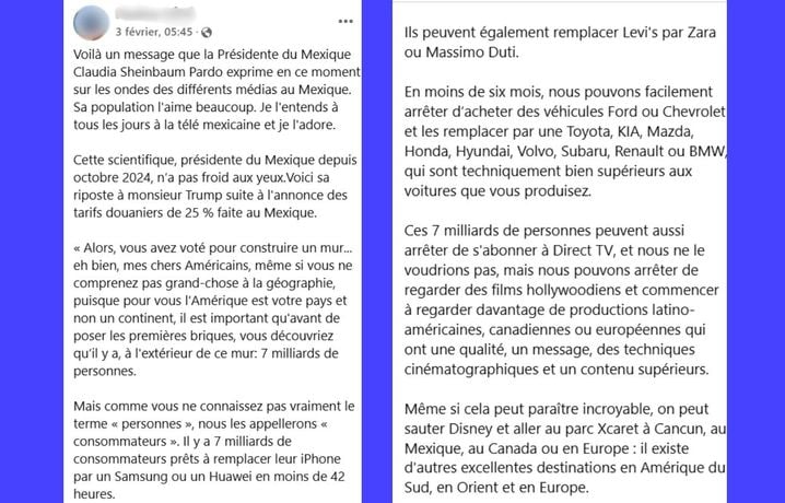 Ce long message est attribué à tort à la présidente mexicaine Claudia Sheinbaum.