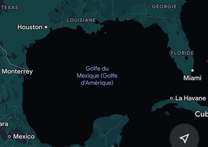 Dans de nombreux pays, dont la France, Google a décidé de conserver les deux dénominations affichant ainsi Golfe du Mexique (Golfe d'Amérique). (capture d'écran)