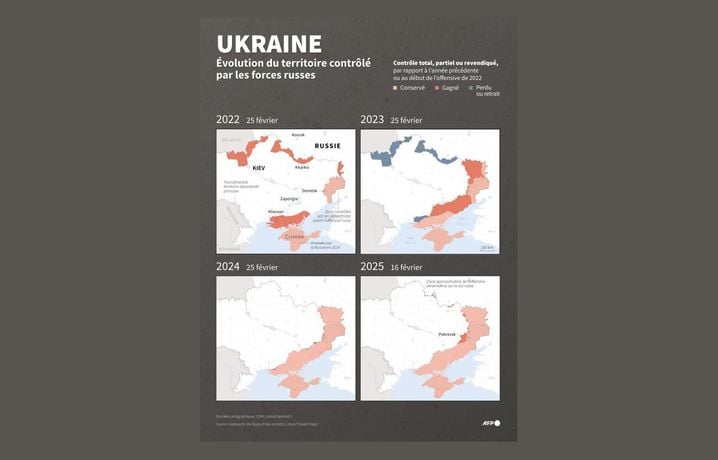 Cartes montrant l'évolution des zones contrôlées par les forces russes en Ukraine du 25 février 2022 au 16 février 2025, à partir des données de l'ISW.