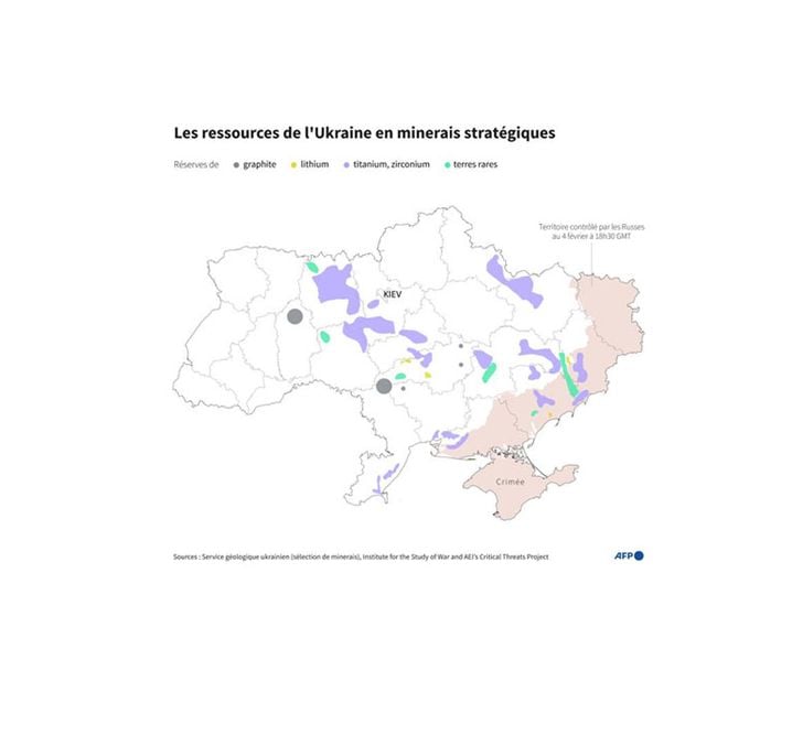 Carte de l'Ukraine localisant approximativement les réserves d'une sélection de minerais : graphite, lithium, titane, zirconium et terres rares.