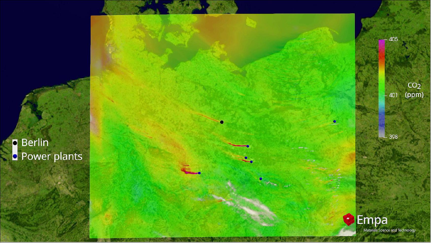 Simulation haute résolution des panaches de dioxyde de carbone provenant de Berlin et des centrales électriques avoisinantes le 2 juillet 2015.