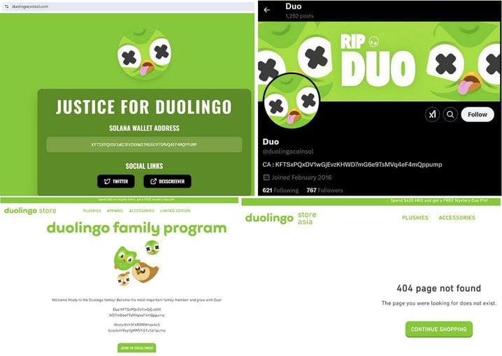 Exemples de fausses campagnes « surfant » sur la fausse mort de Duo, la mascotte de de Duolingo