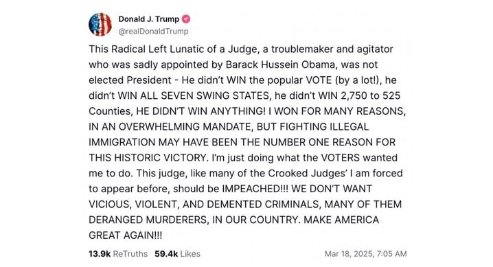 Le post sur Truth Social dans lequel le Président appelle à la destitution du juge qui n'a pas arbitré en sa faveur.