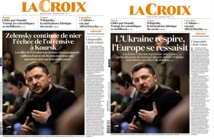 A gauche, la fausse une de La Croix partagée par les réseaux de propagande russe, et à droite, la vraie une.