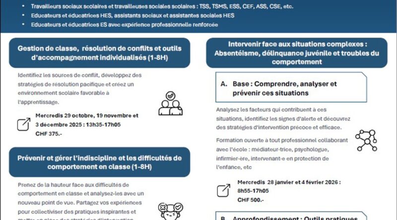 Formations courtes pour travailleurs et travailleuses sociales en milieu scolaire