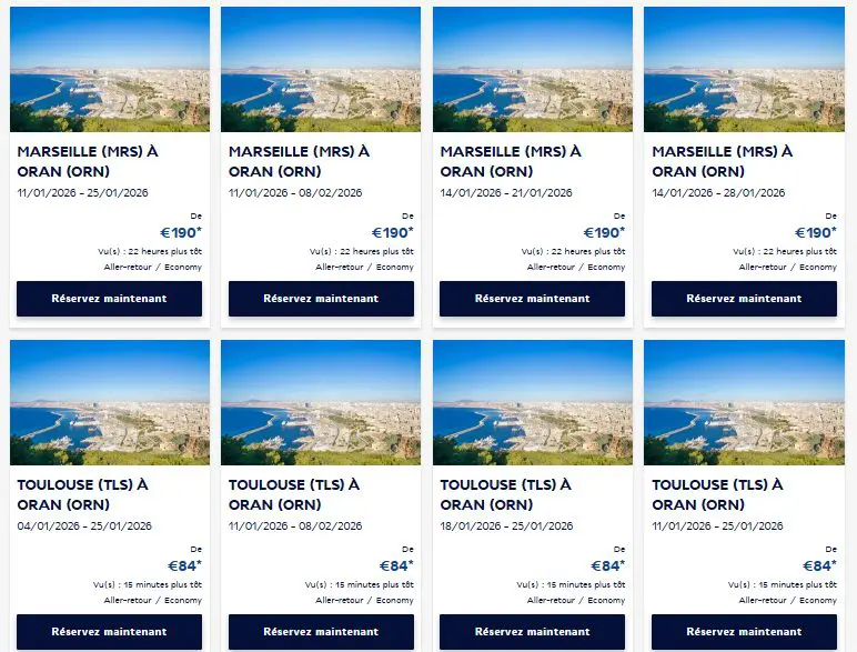 Aperçu des tarifs d’Air France sur ses vols à destination d’Oran.