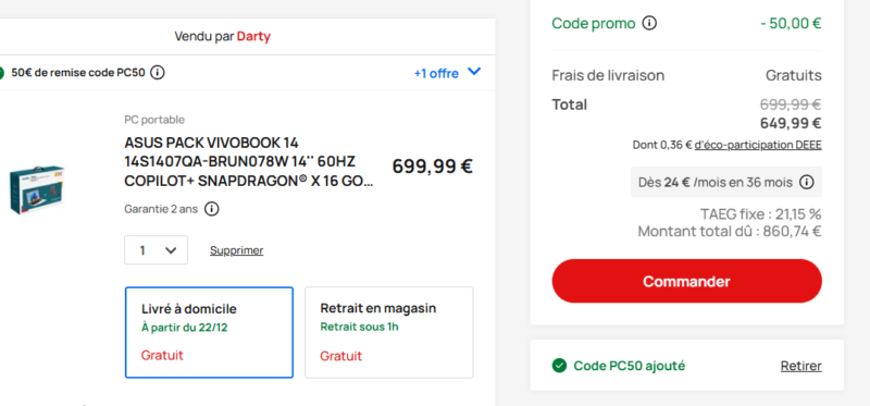 Asus Vivobook 14 sous Snapdragon X en promotion chez Fnac et Darty