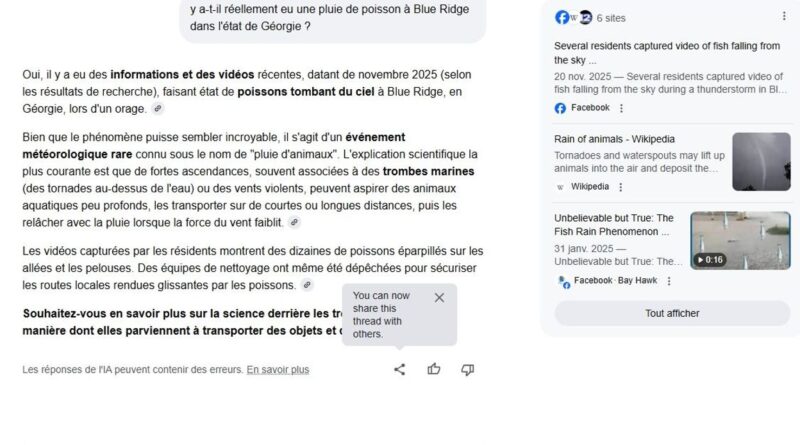 Google IA confirme une "pluie de poissons" produite par IA.