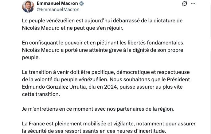 Capture de Maduro : Macron prend acte de la fin de la dictature et ulcère la gauche