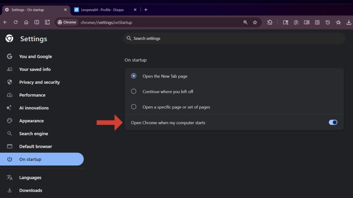 L'option pour ouvrir Chrome au démarrage de l'ordinateur