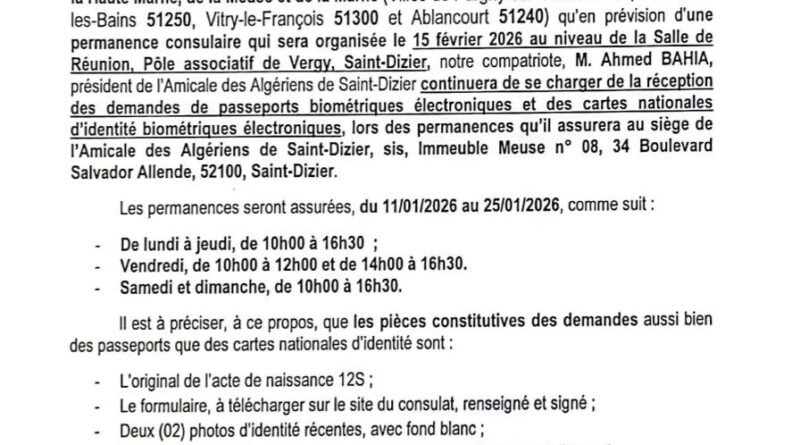 Passeports et cartes d’identité : annonce du Consulat d’Algérie à Metz.