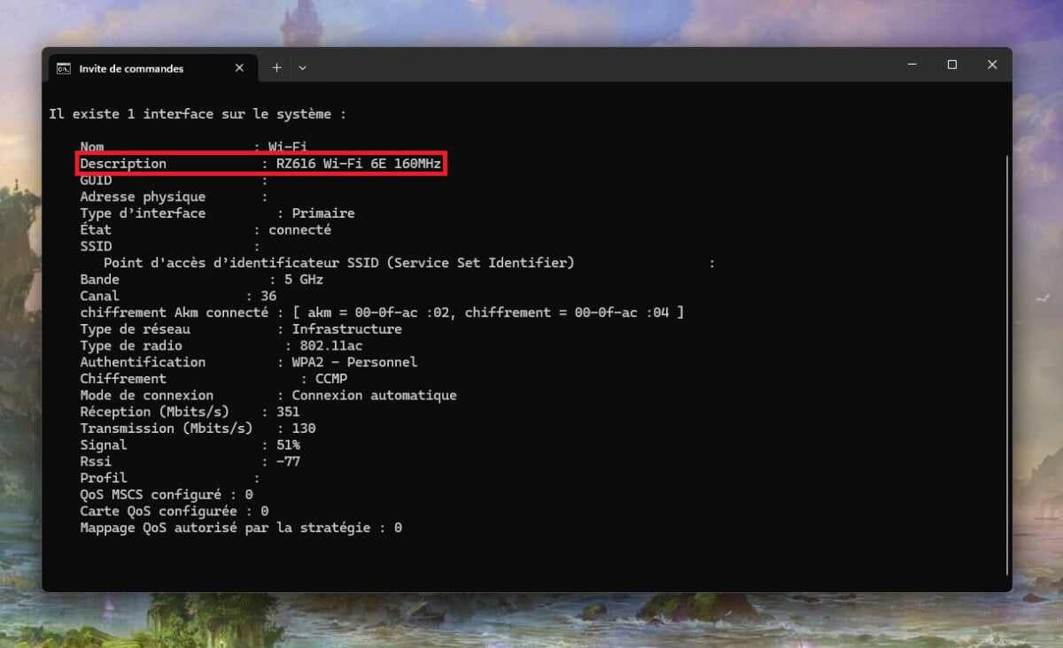 L'interface Wi-Fi d'un PC détecté par l'Invite de commande