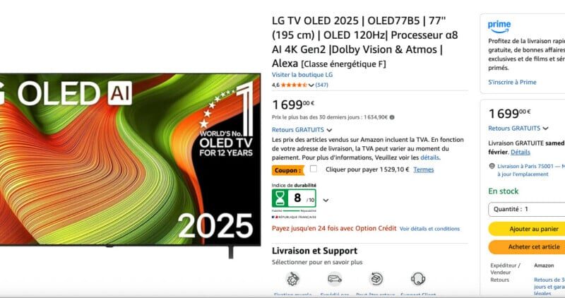 Amazon propose une remise de plus de 1 000 € sur ce TV LG OLED 120 Hz de 77 pouces.