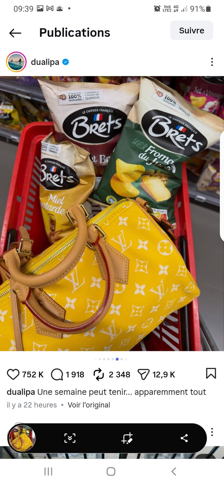 La publication de Dua Lipa a été likée des centaines de milliers de fois, offrant un incroyable coup de pub à la marque de chips Brets.