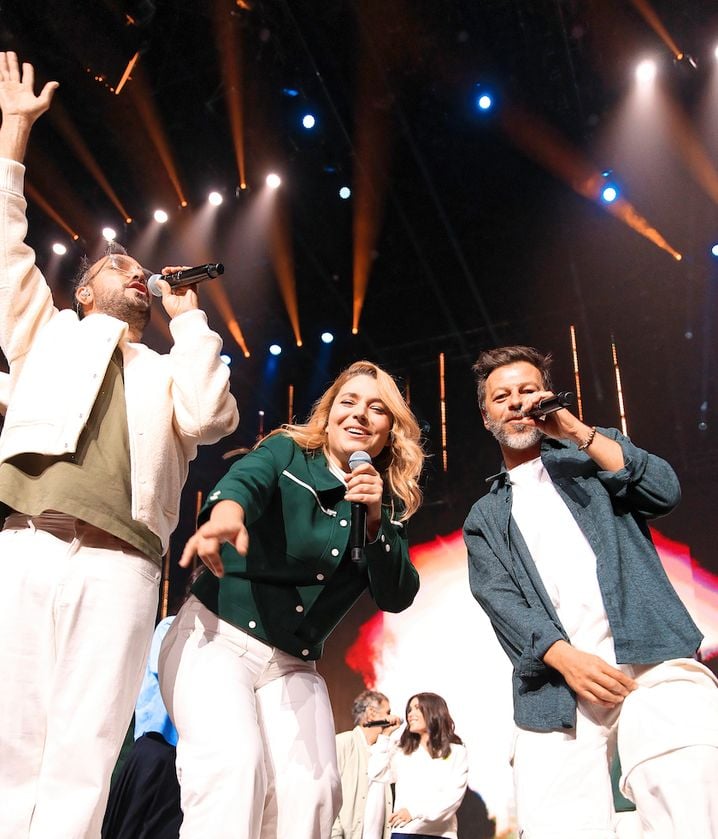 Christophe Willem, Santa et Christophe Maé à l'Accor Arena (Paris) en janvier lors d'un des concerts des Enfoirés.