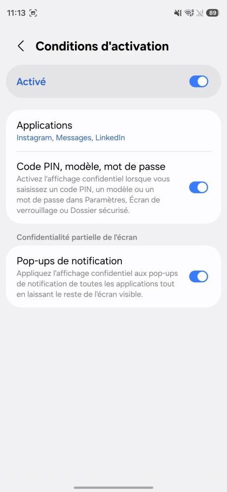 Conditions d'activation de l'affichage confidentiel du Samsung Galaxy S26 Ultra. // Source : Capture d'écran Frandroid