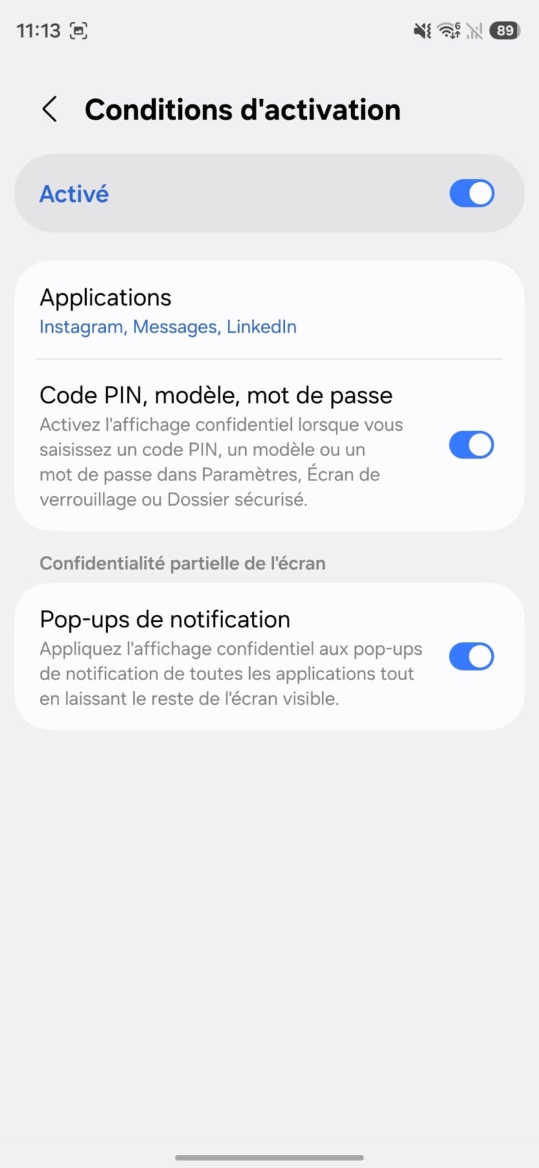 Applications sur lesquelles activer l'affichage confidentiel du Samsung Galaxy S26 Ultra. // Source : Capture d'écran Frandroid