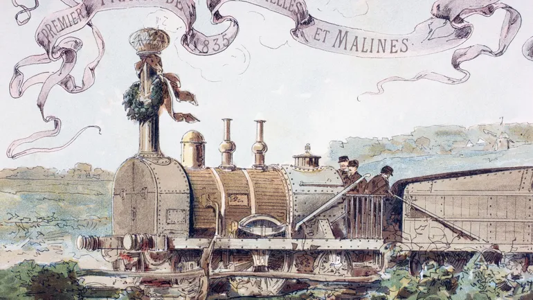 Image célébrant le premier train reliant Bruxelles à Malines en 1835. Il s’agissait du premier chemin de fer d’Europe continentale. D’après une aquarelle d’A. Heins. Extrait de « Cortège historique des moyens de transport », publié à Bruxelles en 1886.