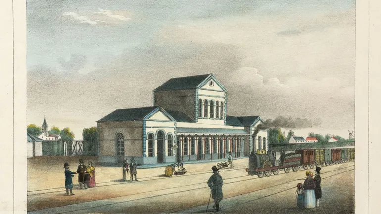 « Station de Braine-le-Comte. Ligne de Bruxelles à la frontière de France ». Lithographie de Gérard, d’après une gravure d’A. Canelle, représentant une gare située sur la ligne reliant Bruxelles à la frontière franco-belge.