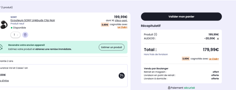 Sony LinkBuds Clip : écouteurs ouverts en promotion chez Boulanger.