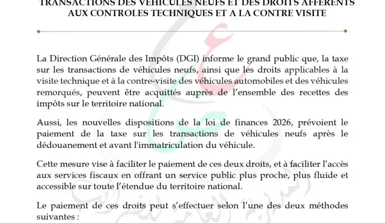 Véhicules neufs : Changements sur le paiement des taxes en 2026 (DGI)