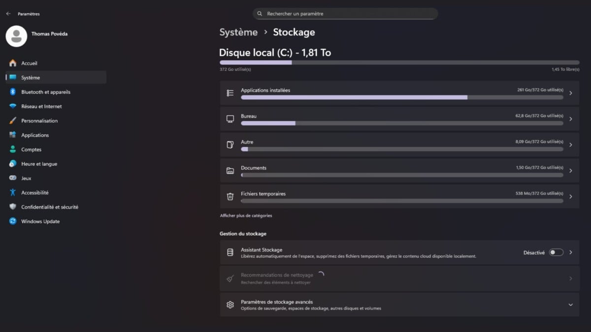 Le menu Stockage des Paramètres de Windows 11
