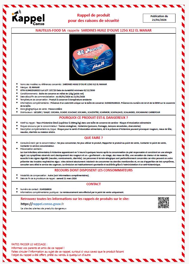 Peut être une illustration de texte qui dit ’Rappel produit pour des raisons de sécurité Kappel Conso NAUTILUS-FOOD SA rappelle SARDINES HUILE D'OLIVE 125G X12 EL MANAR Publication du 21/01/2026 &l Mbanar 02/12/2030 Motir rappe Presence POURQUOI nistamine စလင် (supérieur SCARMOR, SCAPALSACE SCALANDES SOCAMAINE CARREFOUR PRODUIT EST-IL DANGEREUX boite aimentaire QUE FAIRE consommer, plus ំ, vente, Contacter point Modelintes RECOURS DONT DISPOSENT LES CONSOMMATEURS symptómes, .neB: 0549250026 Informabions publiques :Le remboursemen CONTACT necиep peint vente uniquement. Retrouvez toutes informations sur les rappels de produits sur le site: https://rappel.comso.gouw.fr produits dangereux FAITES PASSER MESSAGE: Informez parents dece rappel! sujet de cU robjet surtouts savez que produit faisant’