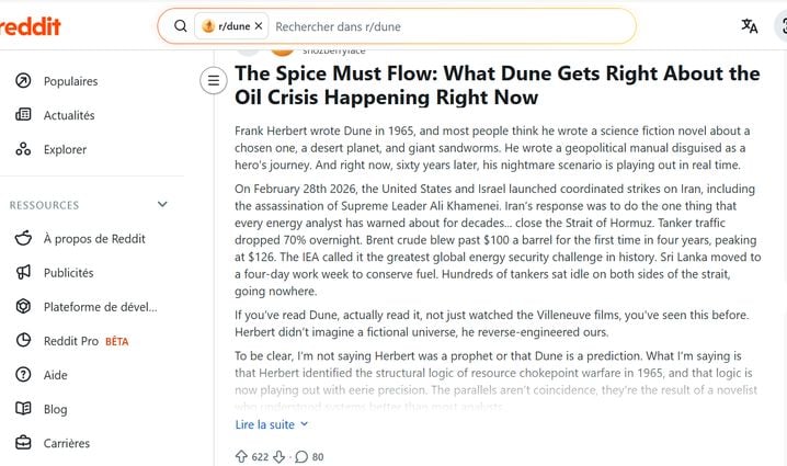 Un (très) long thread Reddit faisant le parallèle entre Dune et la guerre en Iran.
