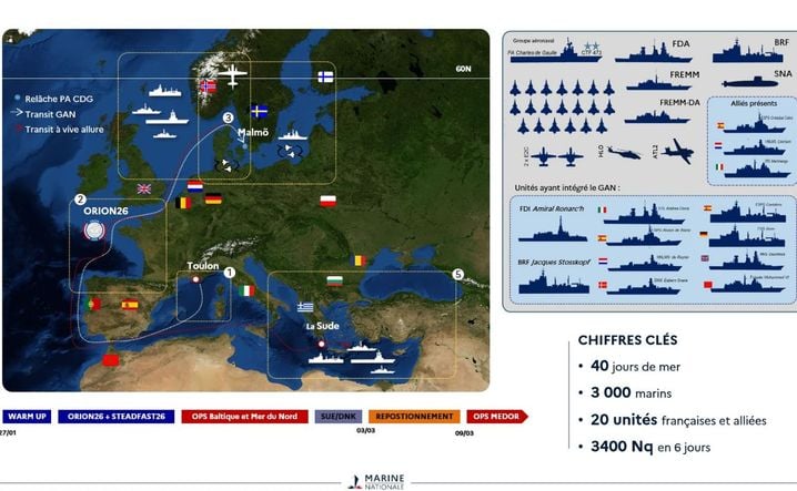 Parcours et composition du groupe aéronaval depuis son départ de Toulon le 27 janvier dernier.