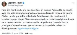 Ségolène Royal critique la diplomatie française concernant le gaz algérien.