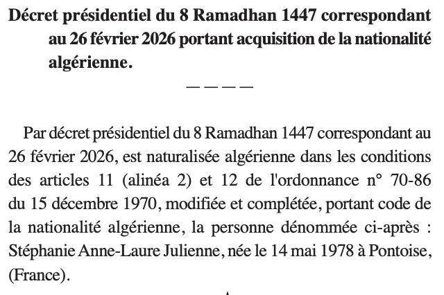 Tebboune accorde la nationalité algérienne à la mère de Kaylia Nemour.