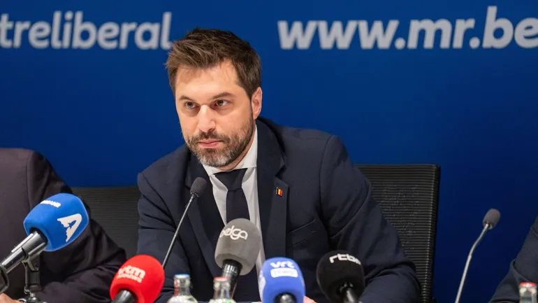 Le président du MR Georges-Louis Bouchez lors de la conférence de presse du parti libéral, sur l’énergie, à Bruxelles, le 2 avril 2026.