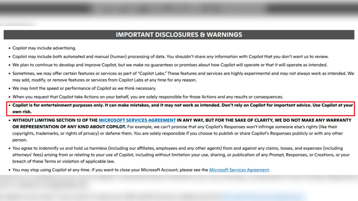 Un extrait des conditions d'utilisation de Copilot