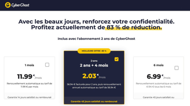 CyberGhost VPN : offre à -83 % sur 28 mois [Sponso]