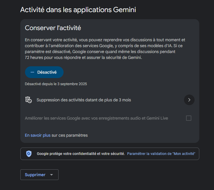 Supprimer historique Gemini
