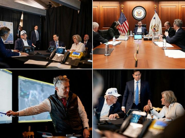 Cette combinaison de photos créée le 28 février 2026 montre (de haut à gauche) des images officielles de la Maison-Blanche, mise à disposition ce jour-là et publiées sur le compte X de la Maison-Blanche, avec le président américain Donald Trump avec à ses côtés le secrétaire d'État américain Marco Rubio (cravate bleue) et la chef de cabinet de la Maison-Blanche Susie Wiles surveillant les activités liées à l'« Opération Epic Fury » contre l'Iran depuis un lieu anonyme le 28 février 2026; le vice-président J.D. Vance (en haut à droite) ou le directeur du renseignement national Tulsi Gabbard (en bas à gauche).