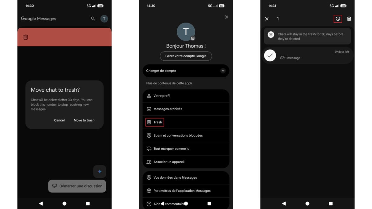 L'option Corbeille dans Google Messages