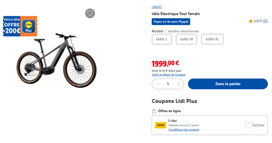 Lidl propose une promotion sur le VTT électrique Crivit.