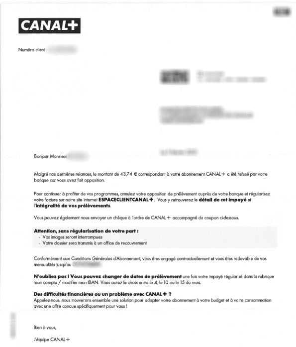 Ce courrier a été adressé à une personne âgée qui était abonnée à Canal+ sans même le savoir.