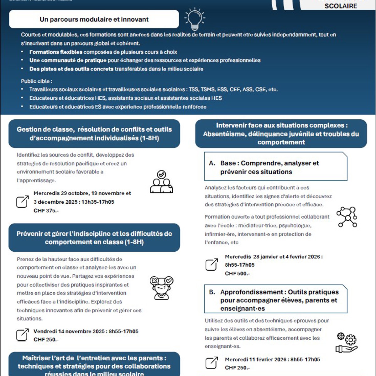 Formations continues courtes pour travailleurs sociaux en milieu scolaire