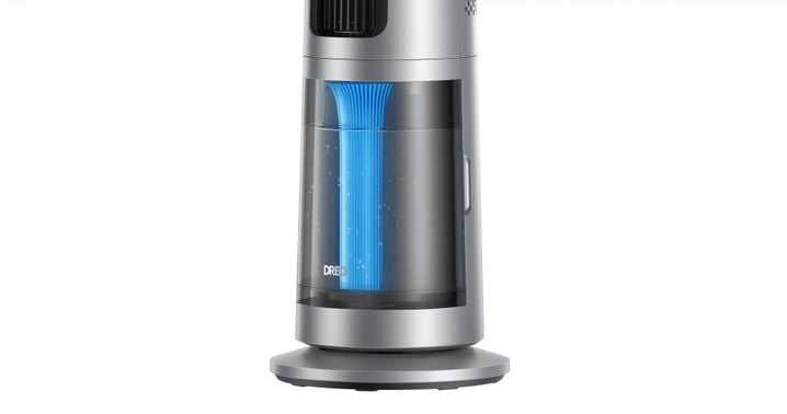 L'indicateur lumineux d'humidité situé dans la base du ventilateur brumisateur Dreo 765S.