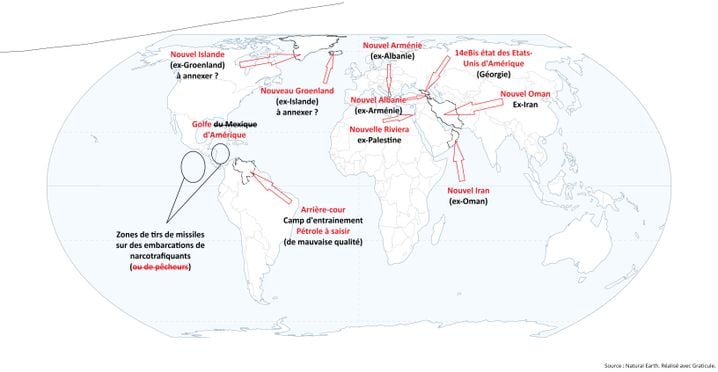 La carte du monde annotée selon Trump, en mai 2026. Fond de carte de Graticule. Montage 20 Minutes.